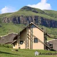 Side elevation of chalet at Didima Camp – unique architectural design set in the Drakensberg, KwaZulu-Natal, South Africa