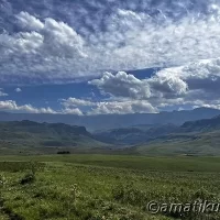 Expansive landscape view from Injisuthi Camp featuring rolling hills, mountain peaks, and natural vegetation in uKhahlamba-Drakensberg Park, South Africa