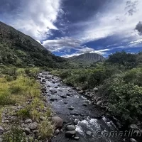 Mountain river flowing near Injisuthi Camp in uKhahlamba-Drakensberg Park, surrounded by rocky terrain and lush vegetation in South Africa