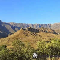 Panoramic view of the Amphitheatre mountain cliffs from Thendele Camp in Royal Natal National Park, South Africa